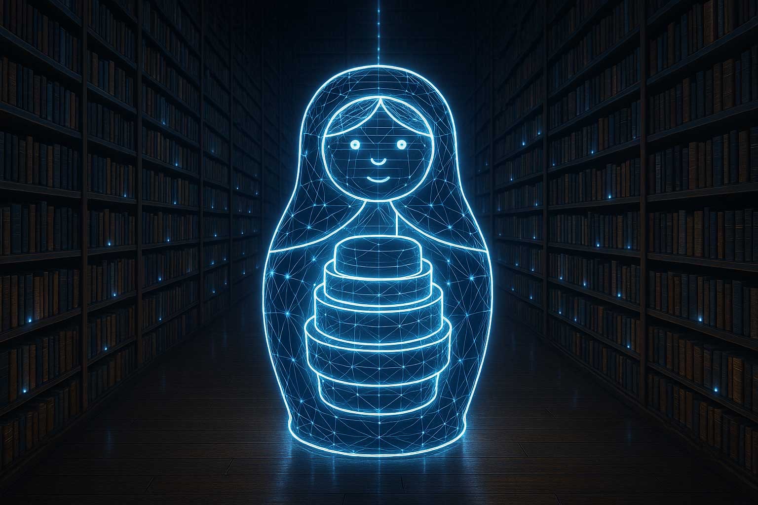 A matryoshka made of light among bookshelves: layers that fit one inside another